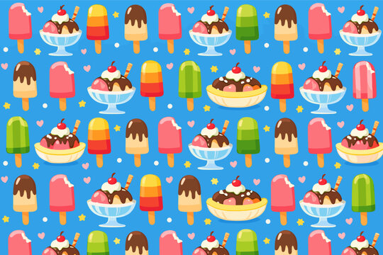 Colorful Seamless Vector Pattern of Ice Cream Treats, Popsicles, Sundaes with Cherries, and Banana Splits on a Bright Blue Background for Summer Food, Dessert, and Party Theme Graphic Designs.