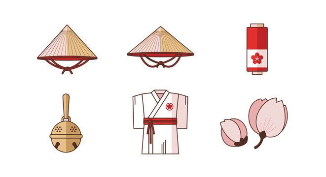 Traditional Japanese cultural icons collection on white background