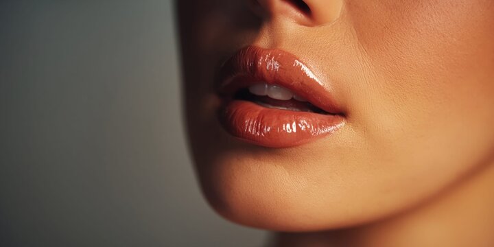 Close-up of glossy cappuccino lips with subtle smile and perfect skin texture