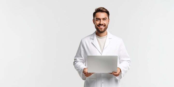 Young male doctor in white lab coat holding a laptop and smiling confidently