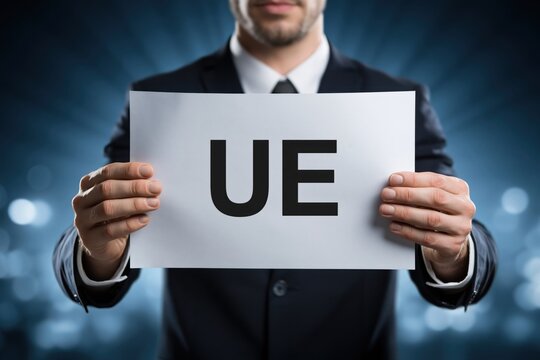 Businessman Holding a Sign with the Abbreviation UE