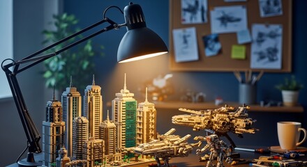 Fototapeta premium Desk lamp illuminates Lego city and vehicle builds