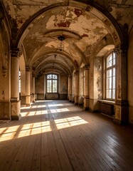 Fototapeta premium Inside a dilapidated arched hall with sunlight streaming through windows. The ceiling features decaying paint, and wooden floors