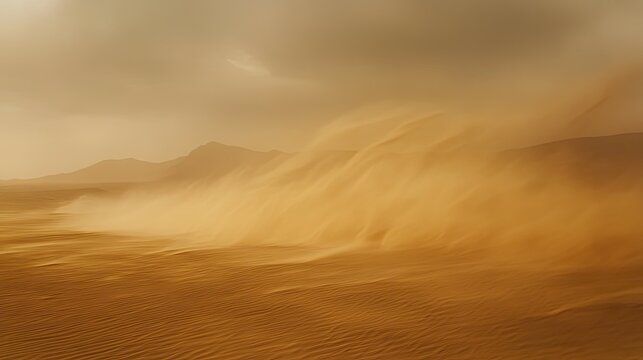 Desert dunes in a powerful sandstorm, wind driven dust whipping across arid landscape under a golden sky, dramatic haze and motion evoke harsh, remote wilderness and heat