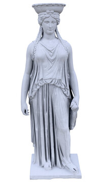 A model of an ancient statue, a full-size replica of the Erechtheion with a caryatid on the Acropolis. The model of the ancient statue is made of plaster or white marble on a transparent background.