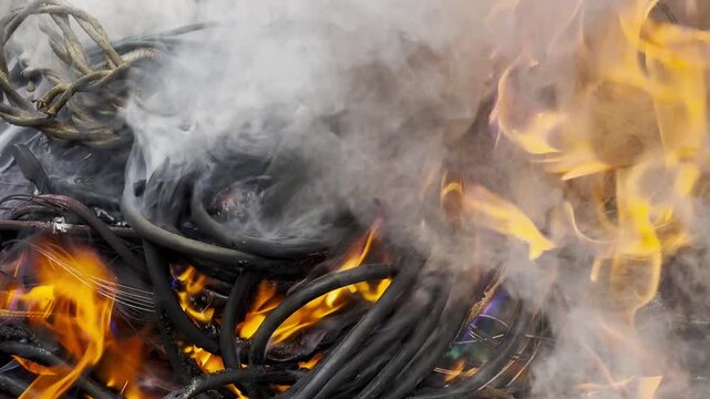 View on old electrical wires burn in controlled setting, producing strong flames and dense smoke. Scene focuses on visual intensity of fire and thick smoke rising unused cables deliberately set alight