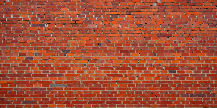 A seamless pattern of an old red brick wall texture shows a solid architectural structure of brown brickwork, cement, and stone blocks on a building surface
