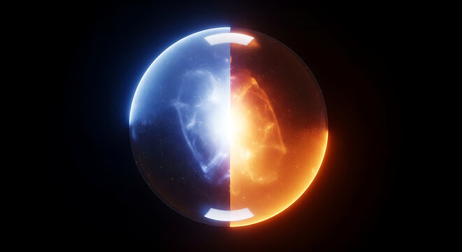 Abstract glowing sphere with blue and orange fire energy light