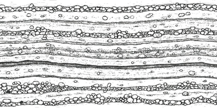 A detailed hand-drawn sketch illustrates an abstract geological cross-section featuring multiple undulating layers of sediment and pebbles.