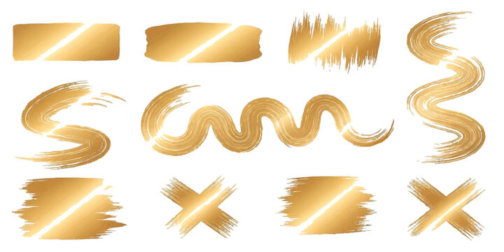 A diverse collection of shimmering golden paint brush strokes and geometric shapes is boldly displayed on a bright white background.