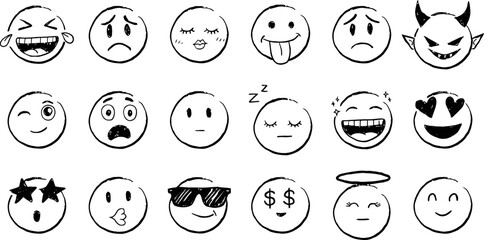 Hand drawn emoji collection isolated on transparent background, sketch faces set showing various emotions expressions feelings reaction icons vector illustration graphic doodle style © Graphixa