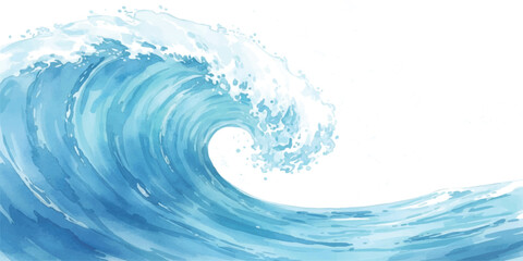A beautifully rendered watercolor illustration of a powerful curling ocean wave, showcasing serene blues and whites against a clean white backdrop. © mahedi