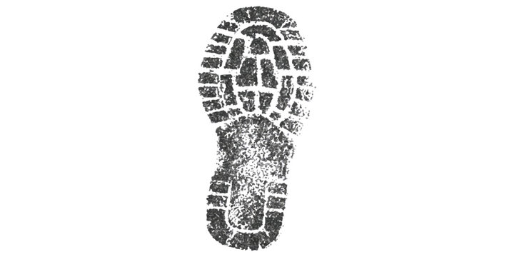 A detailed monochrome impression of a heavy-duty boot footprint, showing distinct tread patterns against a plain white background.
