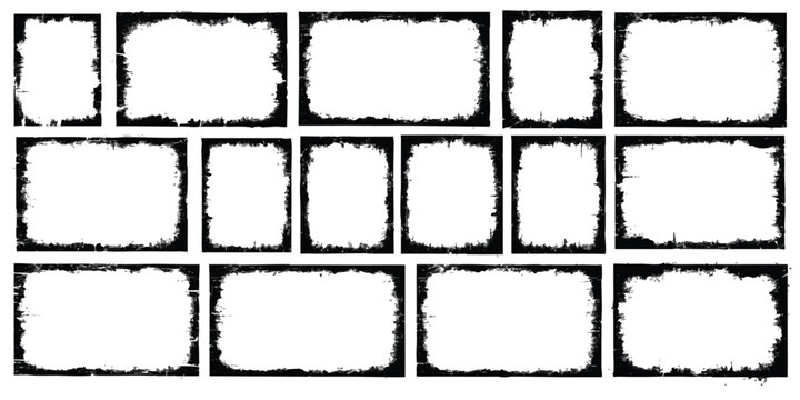 A comprehensive collection of fifteen diverse rectangular grunge frames, featuring various sizes and distressed textures suitable for a multitude of design applications.