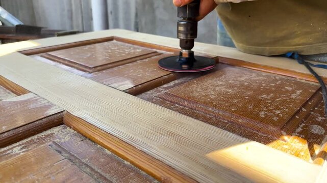 Male hands use electric polishing machine to smooth and refine wooden door surface. The rotating pad carefully treats wood, enhancing texture and finish during detailed restoration or renovation work