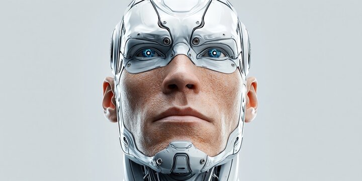 Close-up portrait of a futuristic cyborg with bright blue eyes and metallic facial implants