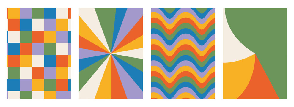 Vibrant psychedelic abstract background set with checkered patterns sunburst rays and wavy lines for retro 70s inspired creative graphic design projects.