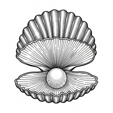 Scallop shell, open pearl shell, illustration, black and white, seafood element