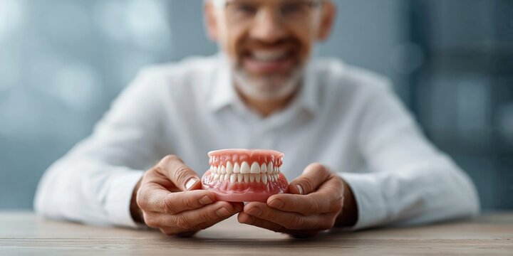 Smiling man holding a set of realistic dentures in his hands