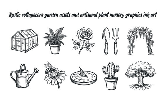 Rustic cottagecore garden assets and artisanal plant nursery graphics ink art