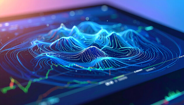 Digital Data Visualization: A close-up view of an interactive digital data landscape on a modern tablet, representing complex information with an elegant interplay of light and shadow