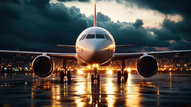 Aviation at Dusk: A commercial airplane sits majestically on the tarmac, its reflection shimmering under the city lights, the sky is adorned with clouds during twilight.