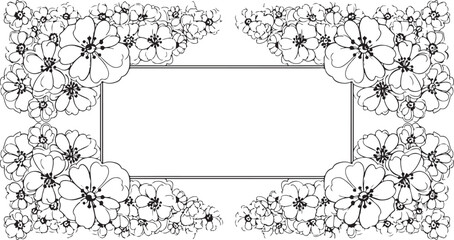 Fototapeta premium Floral border, black and white flowers, vector frame, illustration template, decorative design element