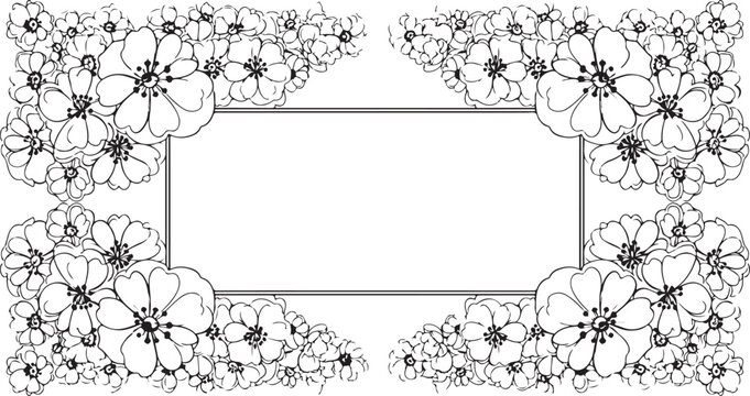 Floral border, black and white flowers, vector frame, illustration template, decorative design element