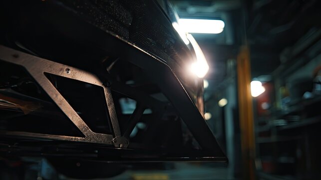 Car underbody structure with its suspension and chassis components visible, undergoing mechanical maintenance in an industrial workshop environment under moody lighting