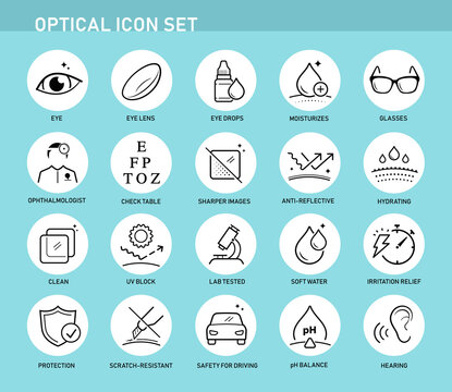 Optical and eyes icon set. Suitable for products for eyes, eyeglasses, lens, and other optical devices. The outline icons are well scalable and editable. EPS10.