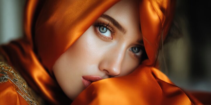 Close-up portrait of a beautiful woman with striking blue eyes partially covered by flowing orange silk fabric