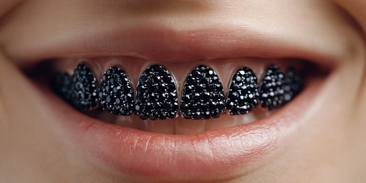 Close-up of a smiling mouth with teeth adorned with sparkling black gemstones