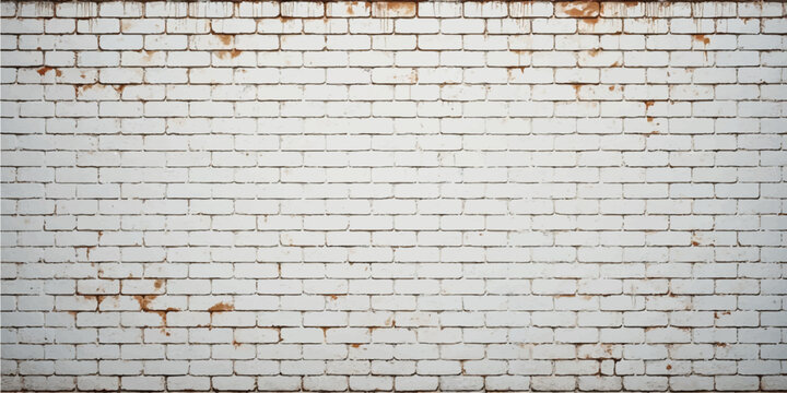 A textured red and white aged brickwall with grunge concrete cracks displays a dirty architectural pattern on its surface, creating an abstract backdrop of building construction