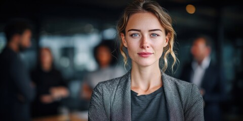 Fototapeta premium Confident young businesswoman with blue eyes looking directly at the camera in a modern office setting