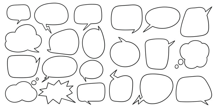 Hand-drawn doodle set of speech bubbles on a white background.