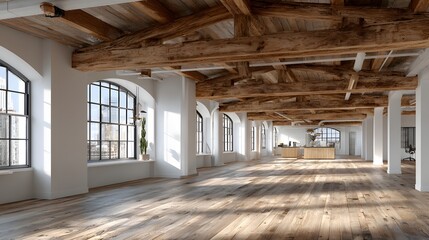 Fototapeta premium empty loft office with exposed wood beams warm sunlight aesthetic interior