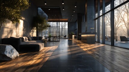 Fototapeta premium high end office interior minimal style warm sunlight background