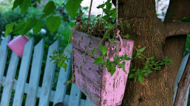 A worn old wooden plant holder with a faded pink flower pot hangs on a rough blue wooden fence. Nearby, a plastic planter is also attached, showing a simple, weathered rural village detail. 