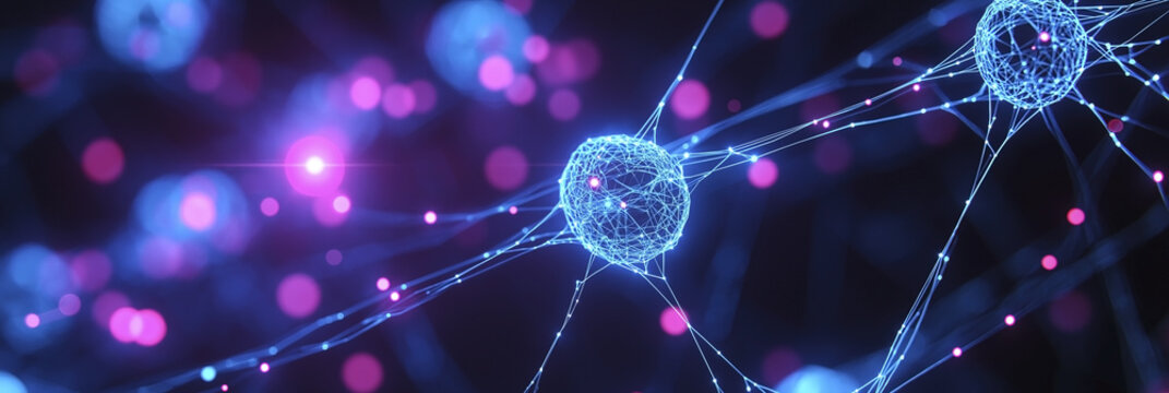 Abstract abstract of active neural network with firing neurons and synoptic connections, artificial intelligence or brain activity concept