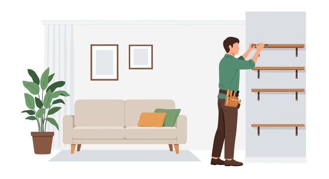 Man Installing Shelves in Living Room