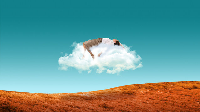Woman floating on soft cloud above minimal landscape in surreal composition. Concept of mental escape, relaxation, burnout recovery, emotional detachment from daily stress and routine.