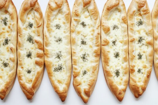 Freshly baked cheese pide in neat rows highlight golden crust and melted cheese texture