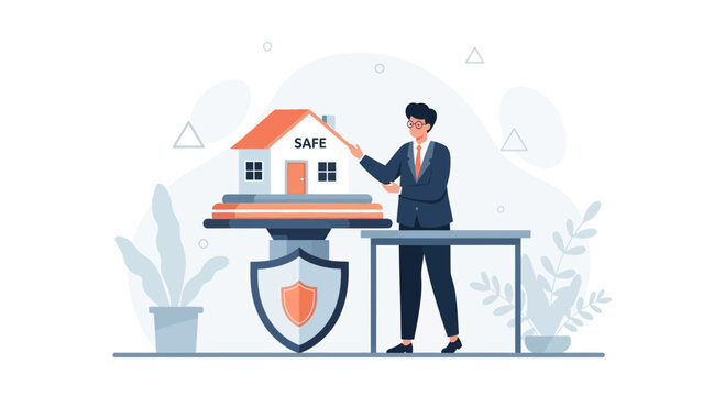 Man protecting house with shield, concept of home security and insurance