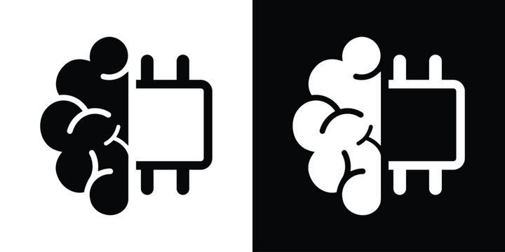 A minimalist icon design featuring a split brain and microprocessor circuit chip, symbolizing advanced artificial intelligence, neural networks, and modern computing. High contrast vector.