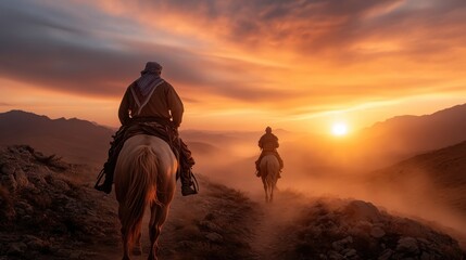 Obraz premium Two riders on horseback traverse a scenic path at dusk, creating an atmosphere of adventure, freedom, and the timeless bond between humans and nature.