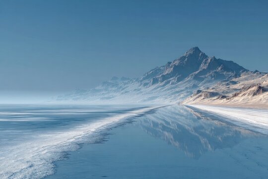 Serene frozen lake with mountain reflections