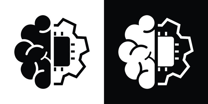 A combined icon depicting a half brain and a mechanical gear with an embedded circuit chip, visualizing complex artificial intelligence, automation, and technological evolution. Vector icon.