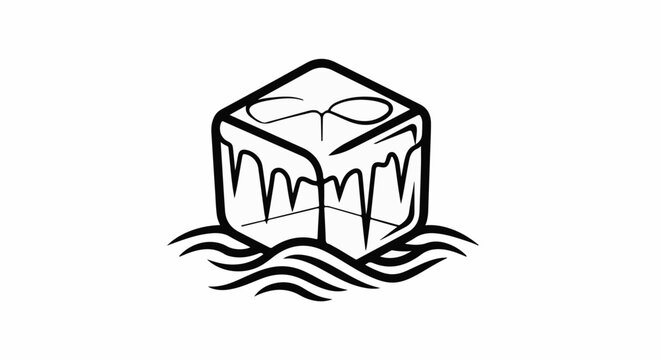 Abstract black and white illustration of melting ice cube in wavy water