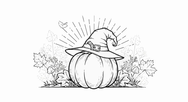 A whimsical witch hat rests atop a plump pumpkin with autumnal leaves