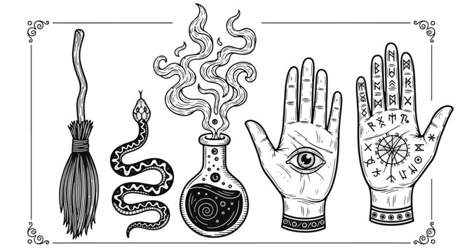 Mystical Witchcraft Items Set with Broom Snake Potion Hands and Runes